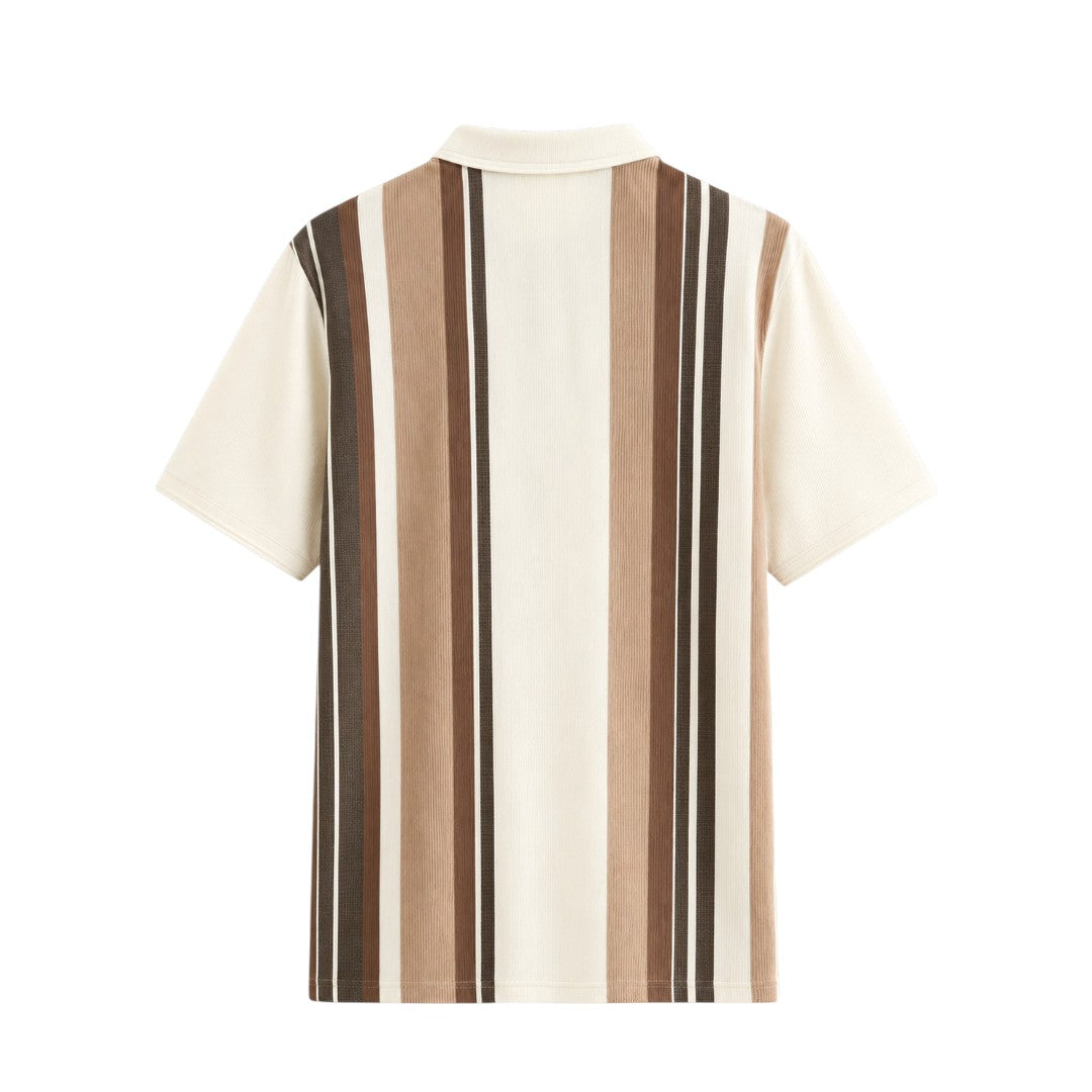 Alvarez Western Wear Men's Premium Cream & Brown Vertical Stripe Zip Polo Shirt