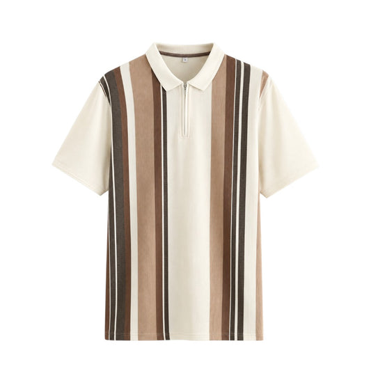 Alvarez Western Wear Men's Premium Cream & Brown Vertical Stripe Zip Polo Shirt